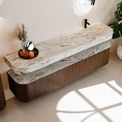 MONDIAZ THOR-DLUX 200cm meuble de salle de bains arrondi gauche + droite couleur Walnut avec 2 tiroirs et 2 portes. Vasque suspendue CLOUD Droite 1 trou de robinet couleur Glace.