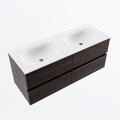 Mondiaz VICA ensemble de meuble de salle de bain - 120cm - meuble sous-vasque marron foncé - 4 tiroirs - lavabo moon double - sans trous de robinet - version haute de 60cm - talc