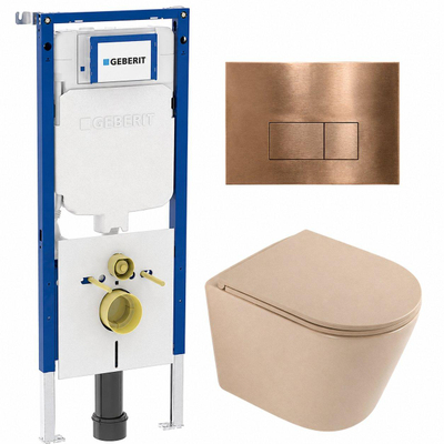 QeramiQ Dely Toiletset - 36.3x51.7cm - Geberit UP720 inbouwreservoir - rimless - diepspoel - zitting - softclose - bedieningsplaat koper - rechthoekige knoppen - mat beige