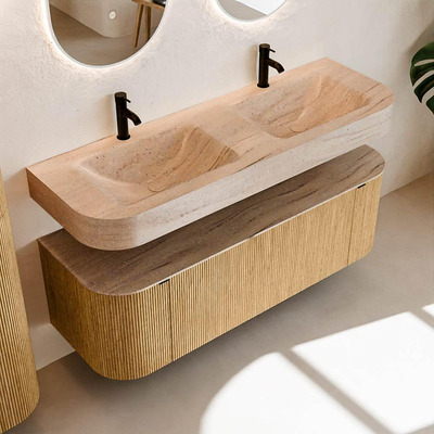 MONDIAZ THOR-DLUX 140cm meuble de salle de bains arrondi gauche + droite couleur Oak avec 1 tiroir et 2 portes. Vasque suspendue CLOUD Double 2 trous de robinet couleur Saba.