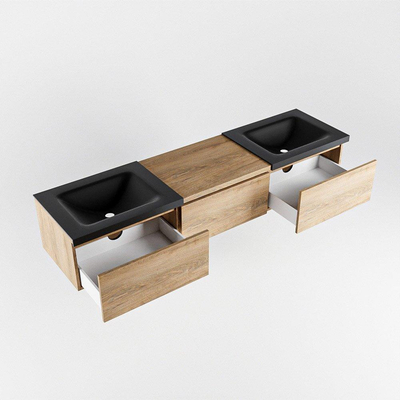 MONDIAZ BUKLA meuble de salle de bain 180 cm avec module 60 couleur Chêne blanchi avec 3 tiroirs. Lavabo CLOUD double 2 trous de robinet couleur Urbain.