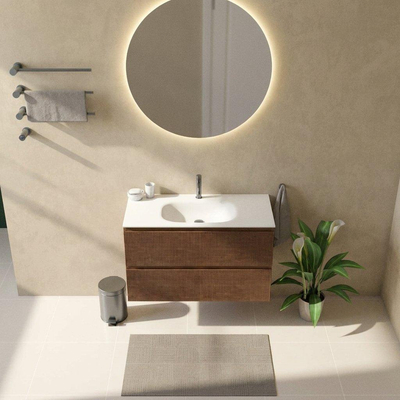 Saniclass Holz Atelier Ensemble de meubles de salle de bains - 100x45x61.5cm - Vasque Flow en solid surface blanc - 1 vasque - 1 trou de robinetterie - 2 tiroirs - walnut pure mat (bois)