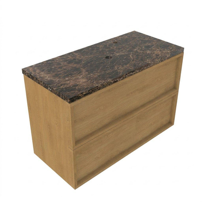 Saniclass Holz Frame Ensemble de meubles de salle de bains - 100x45x63cm - Plan de travail en pierre naturelle Noche dark emperador - 1 trou de robinetterie - 2 tiroirs - chêne natural mat (bois)