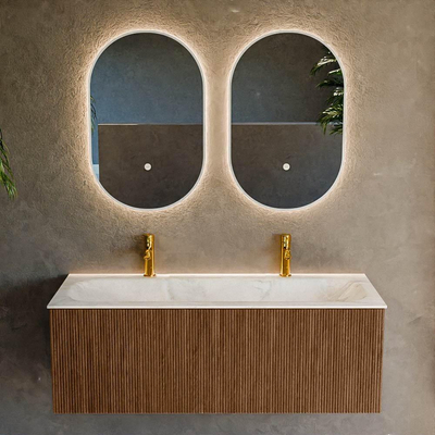 MONDIAZ KURVE-DLUX 120cm Meuble salle de bain - couleur Walnut - 1 tiroir - vasque BIG LARGE centre - 2 trous de robinet - couleur Ostra