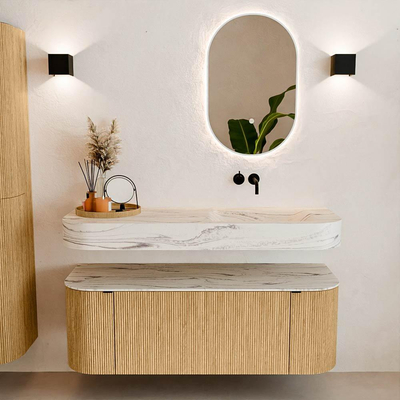MONDIAZ THOR-DLUX 130cm meuble de salle de bains arrondi gauche + droite couleur Chêne avec 1 tiroir et 2 portes. Vasque suspendue CLOUD Droite sans trou de robinet couleur Nata.