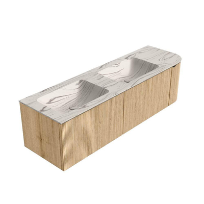 MONDIAZ KURVE-DLUX Meuble de salle de bains 155cm arrondi à droite couleur Chêne avec 2 tiroirs et 1 porte. Lavabo LEAF Double / Gauche 2 trous de robinet Nata.