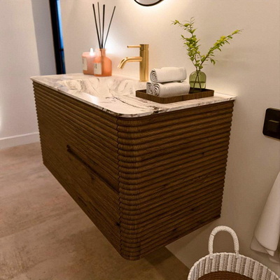 Mondiaz CIRO-DLUX Badkamermeubelset - 100x45x50cm - Solid surface wastafel Glace - 1 wasbak Midden - 1 kraangat - 2 lades - Dusk