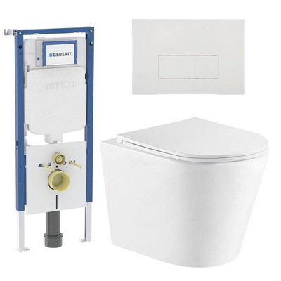 QeramiQ Dely Toiletset - 36.3x51.7cm - diepspoel - rimless - Geberit UP720 inbouwreservoir - softclose toiletzitting - mat witte bedieningsplaat - rechtehoekige knoppen - wit mat