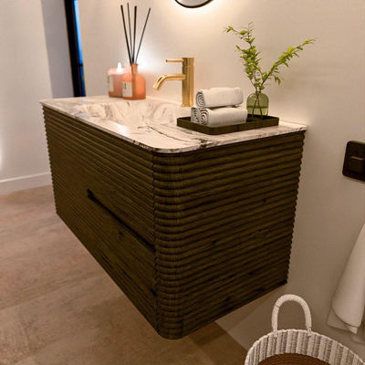 Mondiaz CIRO-DLUX Badkamermeubelset - 100x45x50cm - Solid surface wastafel Glace - 1 wasbak Midden - 1 kraangat - 2 lades - Shadow