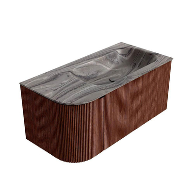 MONDIAZ KURVE-DLUX Meuble de salle de bains 95cm arrondi gauche couleur Ruby avec 1 tiroir et 1 porte. Lavabo BIG SMALL droite sans trou de robinet Sombra.