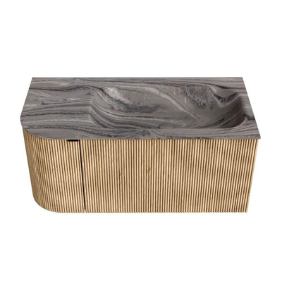 MONDIAZ KURVE-DLUX Meuble de salle de bains 95cm arrondi à gauche couleur Oak avec 1 tiroir et 1 porte. Lavabo BIG SMALL à droite 1 trou de robinet Sombra.