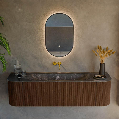 MONDIAZ KURVE-DLUX 160cm badmeubel met module 25 Len R kleur Walnut met 1 lade en 2 deuren. Wastafel BIG MEDIUM midden zonder kraangat kleur Lava.