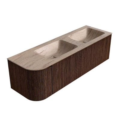 MONDIAZ KURVE-DLUX Meuble de salle de bains 145cm arrondi à gauche couleur Walnut avec 1 tiroir et 1 porte. Lavabo LEAF Double / Droite 2 trous de robinet Saba.
