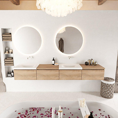 MONDIAZ BUKLA 240cm ensemble de meuble avec module 60 à droite couleur Chêne blanchi avec 4 tiroirs. Lavabo CLOUD double 0 trou de robinet couleur Talc.