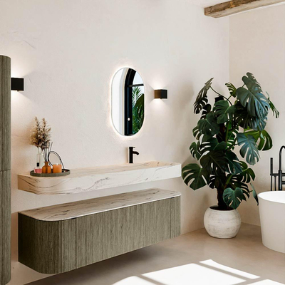 MONDIAZ THOR-DLUX 160cm meuble de salle de bains arrondi gauche + droite couleur Shadow avec 1 tiroir et 2 portes. Vasque suspendue CLOUD Droite 1 trou de robinet couleur Nata.