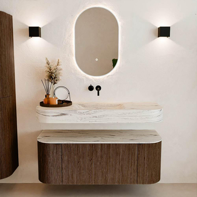 MONDIAZ THOR-DLUX 120cm badmeubel ronding links + rechts kleur Walnut met 1 lade en 2 deuren. Vrijhangende wastafel CLOUD Midden zonder kraangat kleur Nata.