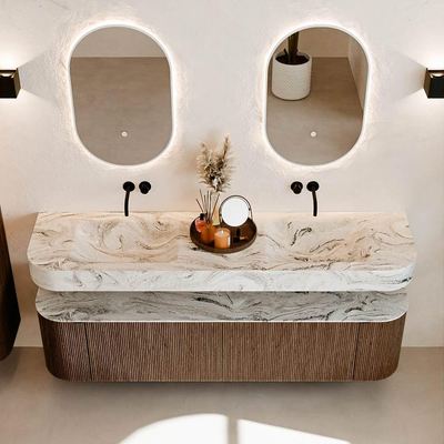 MONDIAZ THOR-DLUX 180cm meuble de salle de bains arrondi gauche + droite couleur Walnut avec 2 tiroirs et 2 portes. Vasque suspendue CLOUD Double sans trou de robinet couleur Glace.