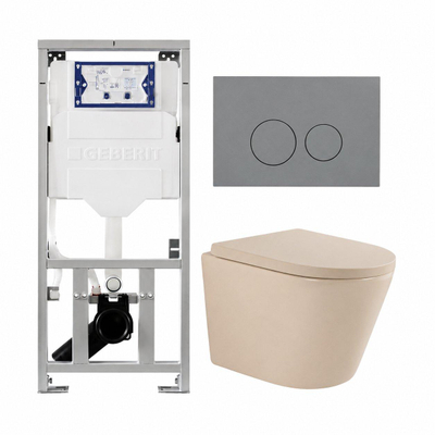 QeramiQ Dely Toiletset - 36.3x51.7cm - diepspoel - rimless - Geberit UP320 inbouwreservoir - softclose toilet zitting - 35mm - bedieningsplaat licht grijs - ronde knoppen - mat beige (wit)