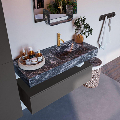 Mondiaz ALAN-DLUX Ensemble de meuble - 110cm - meuble Dark grey mat - 1 tiroir - Lavabo Cloud Lava suspendu - vasque Droite - 1 trou de robinet