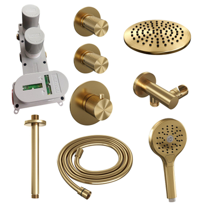 Ensemble de douche pluie Brauer Gold Carving encastré - douche principale 20cm - bras plafond 20cm - 3 boutons avec relief - douchette ronde 3 positions - PVD - or brossé