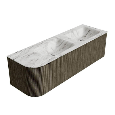 Mondiaz KURVE-DLUX Badkamermeubelset - 145x46x40cm - 1 lade - 1 deur - wastafel solid surface - dubbel / rechts - 2 kraangaten - Shadow