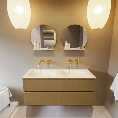 Mondiaz VICA-DLUX ensemble de meuble de salle de bain - 120cm - meuble sous-vasque oro - 4 tiroirs - lavabo encastré cloud double - sans trous de robinet - version haute de 60cm - opalo