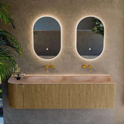 MONDIAZ KURVE-DLUX 165cm meuble de salle de bains arrondi Gauche couleur Dusk avec 2 tiroirs et 1 porte. Lavabo STOR SMALL Double / Droite sans trou de robinet Saba.