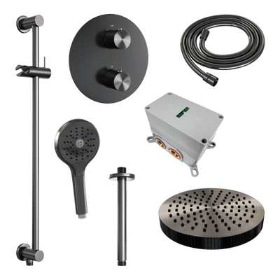 BRAUER Stripe Thermostatische Inbouw Regendouche - 3-weg - rond - SET 48 - 25cm douchekop - plafondarm - 3-standen handdouche - doucheslang - geïntegreerde glijstang - gunmetal geborsteld PVD