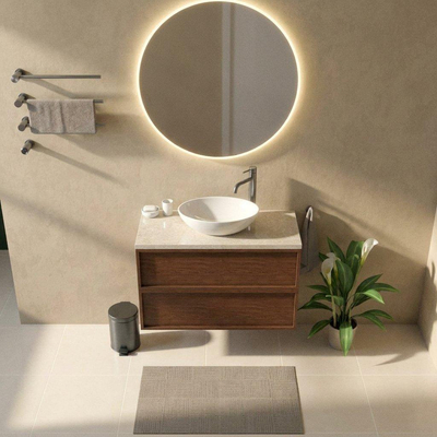 Saniclass Holz Frame Ensemble de meubles de salle de bains - 100x45x63cm - Plan de travail en pierre naturelle travertin - 1 trou de robinetterie - 2 tiroirs - walnut pure mat (bois)