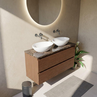 Saniclass Holz Pure Ensemble de meubles de salle de bains - 120x45x63cm - Plan de toilette en pierre naturelle Noche dark emperador - sans trou de robinet - 4 tiroirs - mat walnut pure (bois)