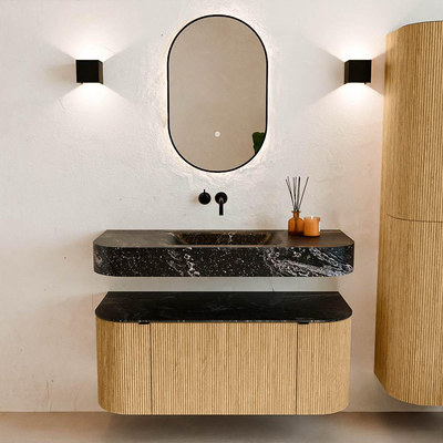 MONDIAZ THOR-DLUX 110cm badmeubel ronding links + rechts kleur Oak met 1 lade en 2 deuren. Vrijhangende wastafel CLOUD Midden zonder kraangat kleur Lava.