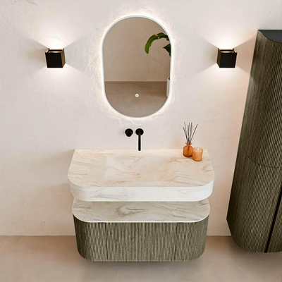 MONDIAZ THOR-DLUX Meuble de salle de bains - 100cm - arrondi gauche + droite - couleur Shadow - 1 tiroir - 2 portes - Vasque suspendue CLOUD Milieu sans trou de robinet - couleur Ostra