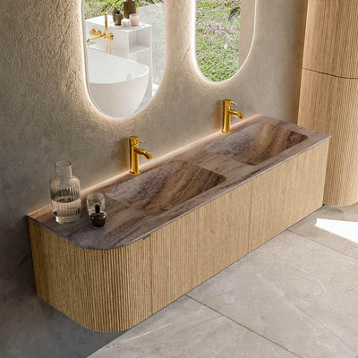 MONDIAZ KURVE-DLUX 155cm badmeubel ronding Links kleur Oak met 2 lades en 1 deur. Wastafel LEAF Dubbel / Rechts 2 kraangaten Oza.