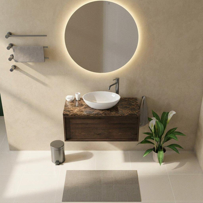 Saniclass Holz Frame Ensemble meuble de salle de bains - 100x45x43cm - Plan de toilette en pierre naturelle Noche dark emperador - 1 trou de robinet - 1 tiroir - chêne charcoal mat (bois)