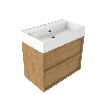 Saniclass Holz Frame Ensemble de meubles de salle de bains - 80x45x72cm - Legend lavabo en céramique blanc mat - 1 vasque - 1 trou de robinetterie - 2 tiroirs - chêne naturel mat (bois)