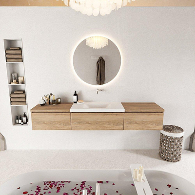 Mondiaz bukla ensemble de meubles de salle de bain 200x45x34cm 0 robinetterie lavabo moyen surface solide talc sans poignée 3 tiroirs avec softclose mélamine chêne lavé