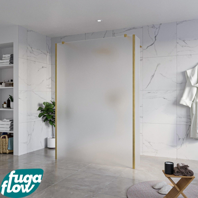 FugaFlow Eccelente Vetro Douche à l'italienne - 140x200cm - verre satiné - anticalcaire - verre de sécurité 8mm - 2 parois latérales 30cm - avec bras muraux et profilés d'angle - Laiton brossé (doré)
