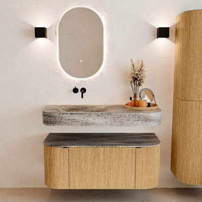 MONDIAZ THOR-DLUX 110cm badmeubel ronding links + rechts kleur Oak met 1 lade en 2 deuren. Vrijhangende wastafel CLOUD Links zonder kraangat kleur Oza.