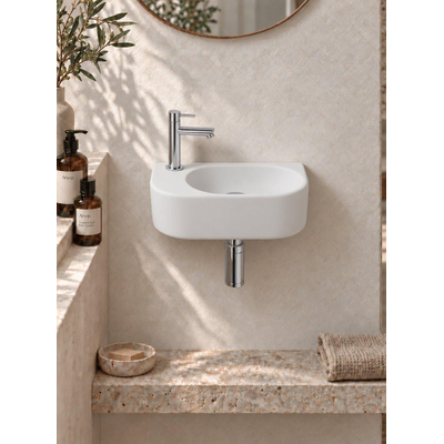 QeramiQ Fuente fonteinset – halfrond – 40x21.5x12 cm – keramiek wit mat – kraangat links – chromen kraan