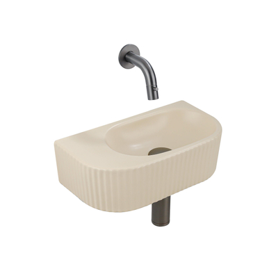 QeramiQ Fuente Ensemble de Lavabo - 40x21.5x12cm - strié - demi-rond - sans trou pour robinet - céramique - ensemble de robinet gunmetal - bouchon de vidange - siphon abaissé - beige