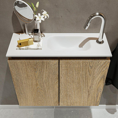 MONDIAZ TURE Kit lave-mains - 60x23x50cm - 1 trou de robinet - 2 portes - chêne blanchi mat - Lavabo à droite - Solid Surface Blanc