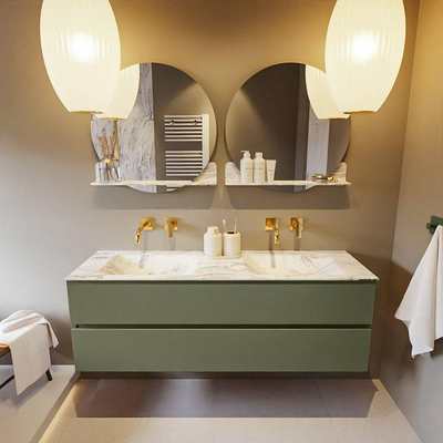 Mondiaz VICA-DLUX ensemble de meuble de salle de bain - 150cm - meuble sous-vasque armée - 2 tiroirs - lavabo encastré nuage double - sans trous de robinet - version haute de 60cm - glace