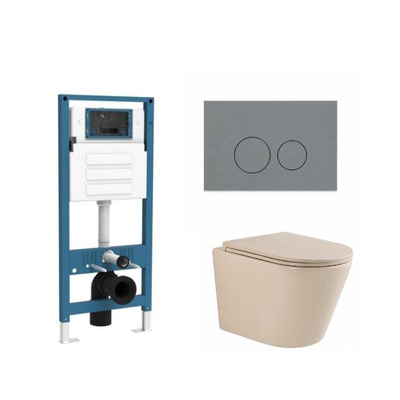QeramiQ Dely Toiletset - inbouwreservoir Qeramiq Flush - slim zitting - kunststof licht grijze bedieningsplaat - ronde knoppen - beige