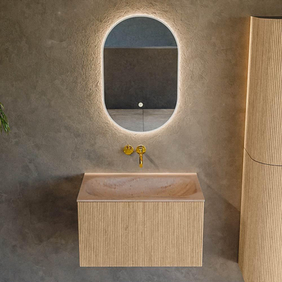 MONDIAZ KURVE-DLUX Meuble de salle de bains 70cm couleur Oak avec 1 tiroir et 0 porte. Lavabo BIG SMALL Central sans trou de robinet Saba.