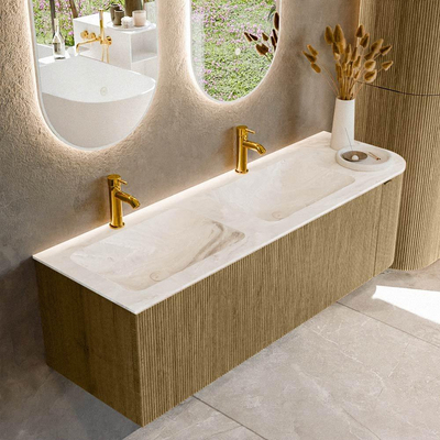 Mondiaz KURVE-DLUX Badkamermeubelset - 145x46x40cm - 1 lade - 1 deur - wastafel solid surface - dubbel / links - 2 kraangaten - Dusk