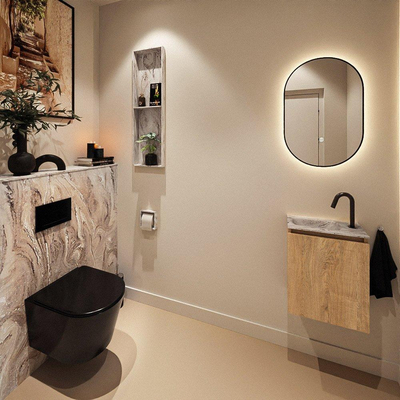 MONDIAZ TURE-DLUX Meuble toilette - 40cm - Washed Oak - EDEN - vasque Glace - position gauche - 1 trou de robinet