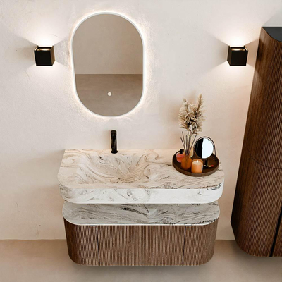 MONDIAZ THOR-DLUX 110cm badmeubel ronding links + rechts kleur Walnut met 1 lade en 2 deuren. Vrijhangende wastafel CLOUD Links 1 kraangat kleur Glace.