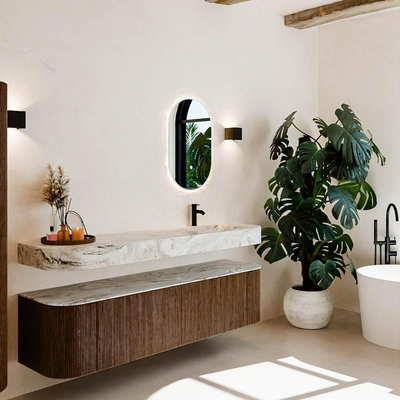 MONDIAZ THOR-DLUX 180cm meuble de salle de bains arrondi gauche + droite couleur Walnut avec 2 tiroirs et 2 portes. Vasque suspendue CLOUD Droite 1 trou de robinet couleur Glace.