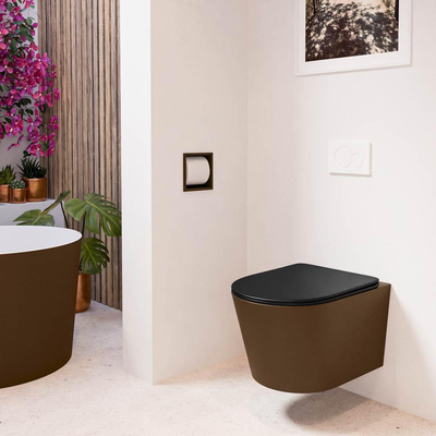 Mondiaz LAVIE hangtoilet – spoelrandloos – 36 x 53 cm – met softclose zitting – Rust (bruin), zitting Urban (zwart)