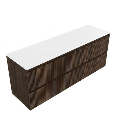Saniclass Holz Atelier Ensemble meuble de salle de bains - 160x45x62.5cm - Plan de travail Torino en solid surface blanc - sans trou de robinetterie - 4 tiroirs - chêne charcoal mat (bois)